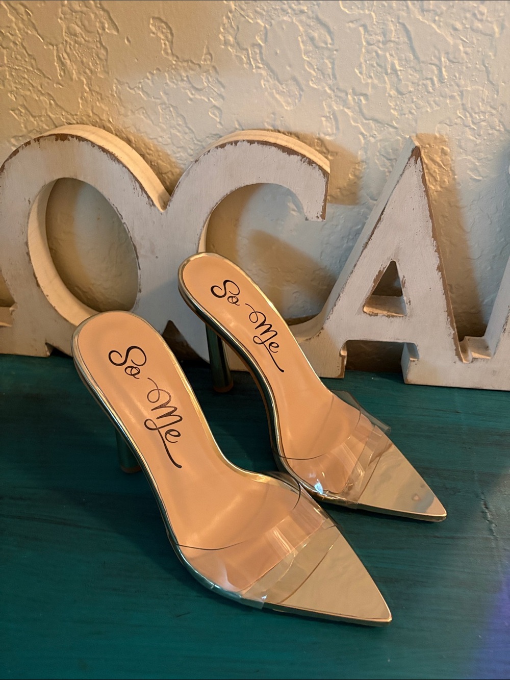 So Me Clear Pointed-Toe Mule Heels with Nude Insole